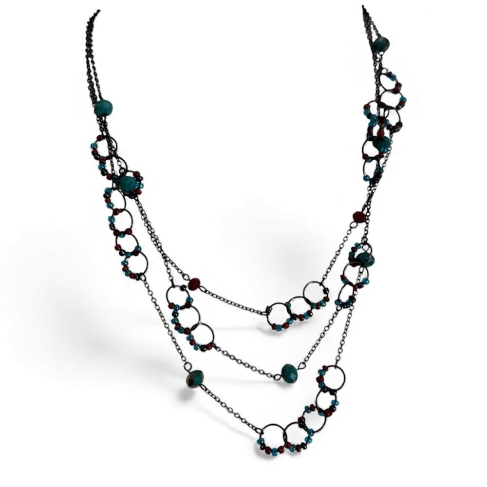 Black Metal Teal Bead Tiered Long Necklace Boho Festival
